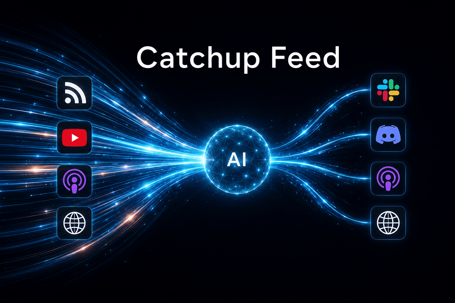Catchup Feed — 複数の情報源がひとつの番組に収束し、各配信先へ届く構図のロゴ